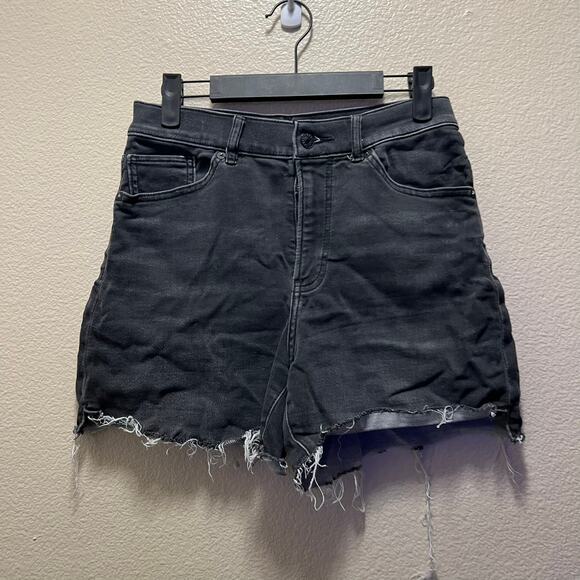 Express Midi High Rise Shorts Black Denim Jeans Cotton Stretch Dark Wash Sz 4 - Picture 2 of 9